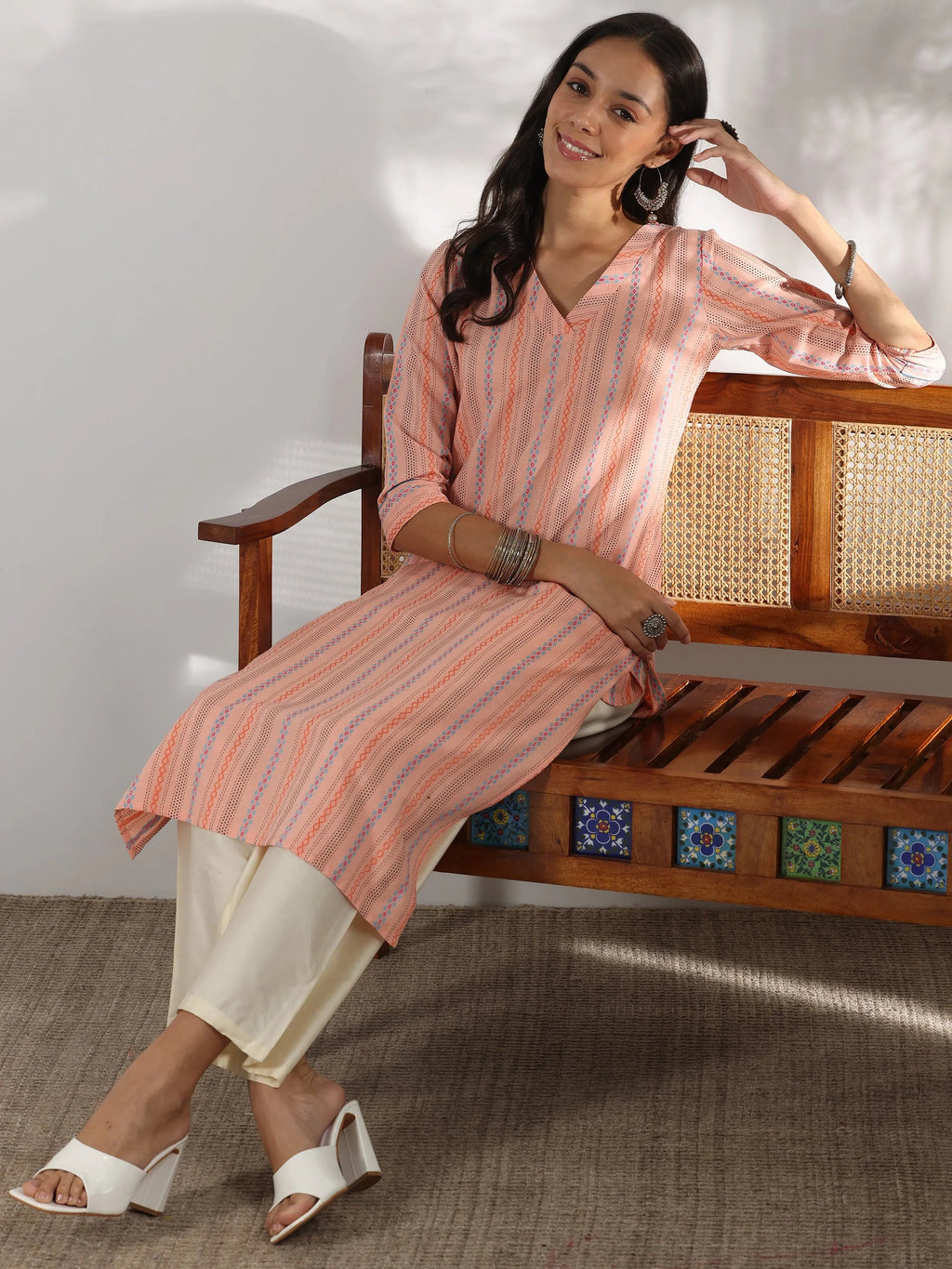 Peach Woven Design Cotton Straight Kurta