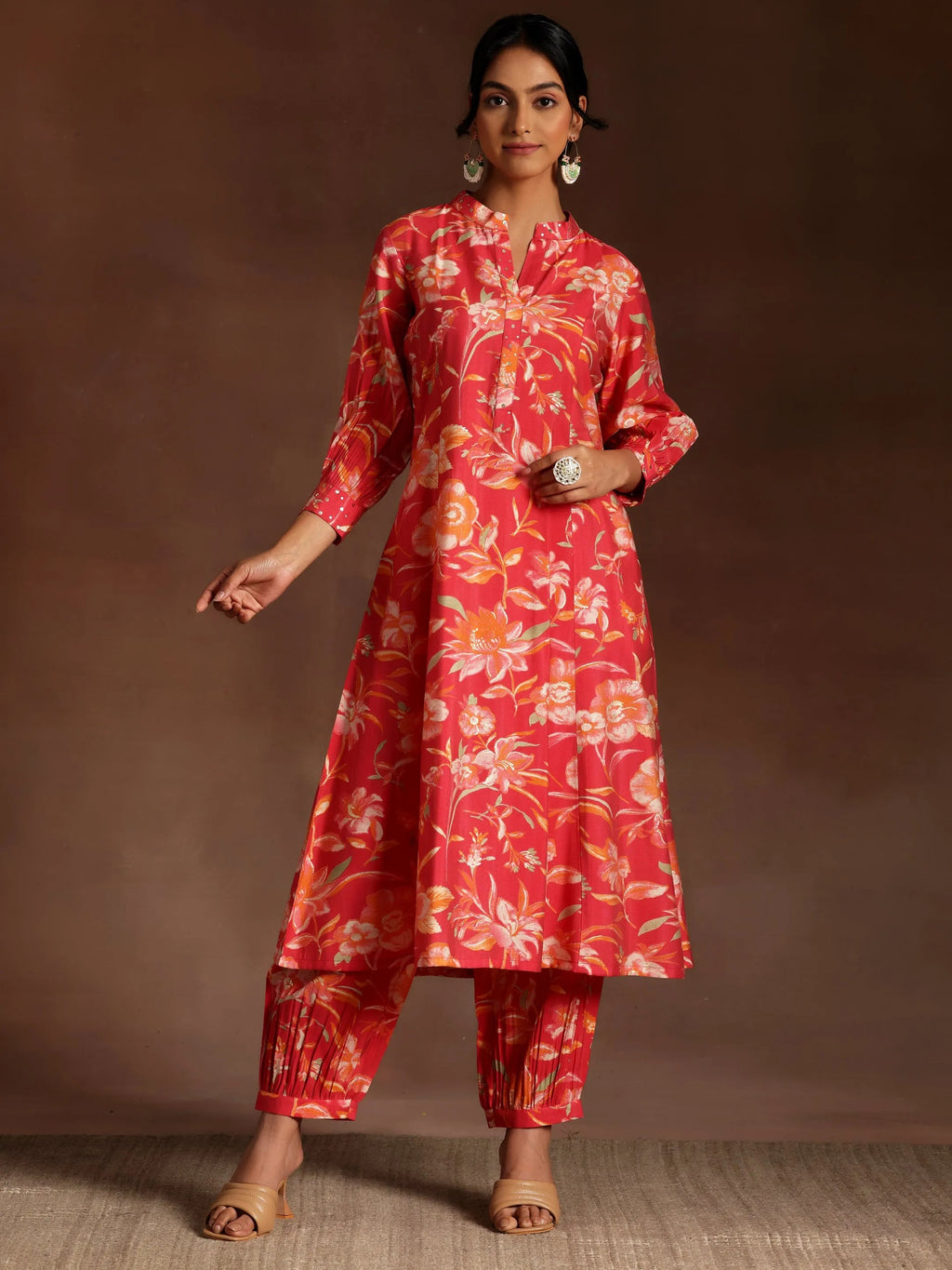 Coral Printed Silk Blend Co-Ords