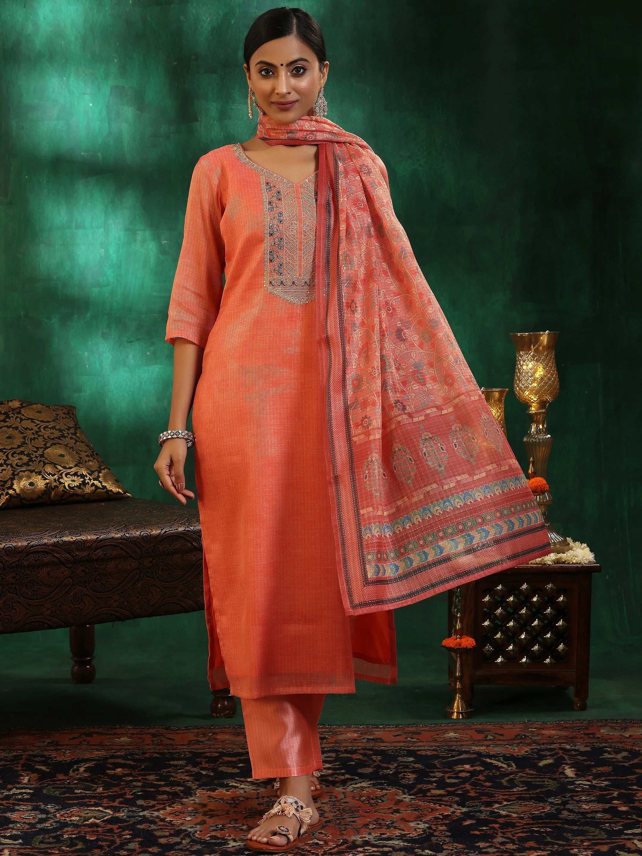 Peach Yoke Design Silk Blend Straight Suit With Dupatta