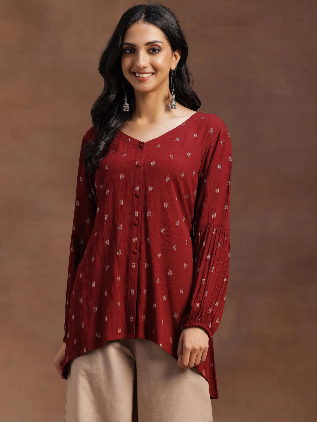 Maroon Woven Design Viscose Rayon A-line Kurti