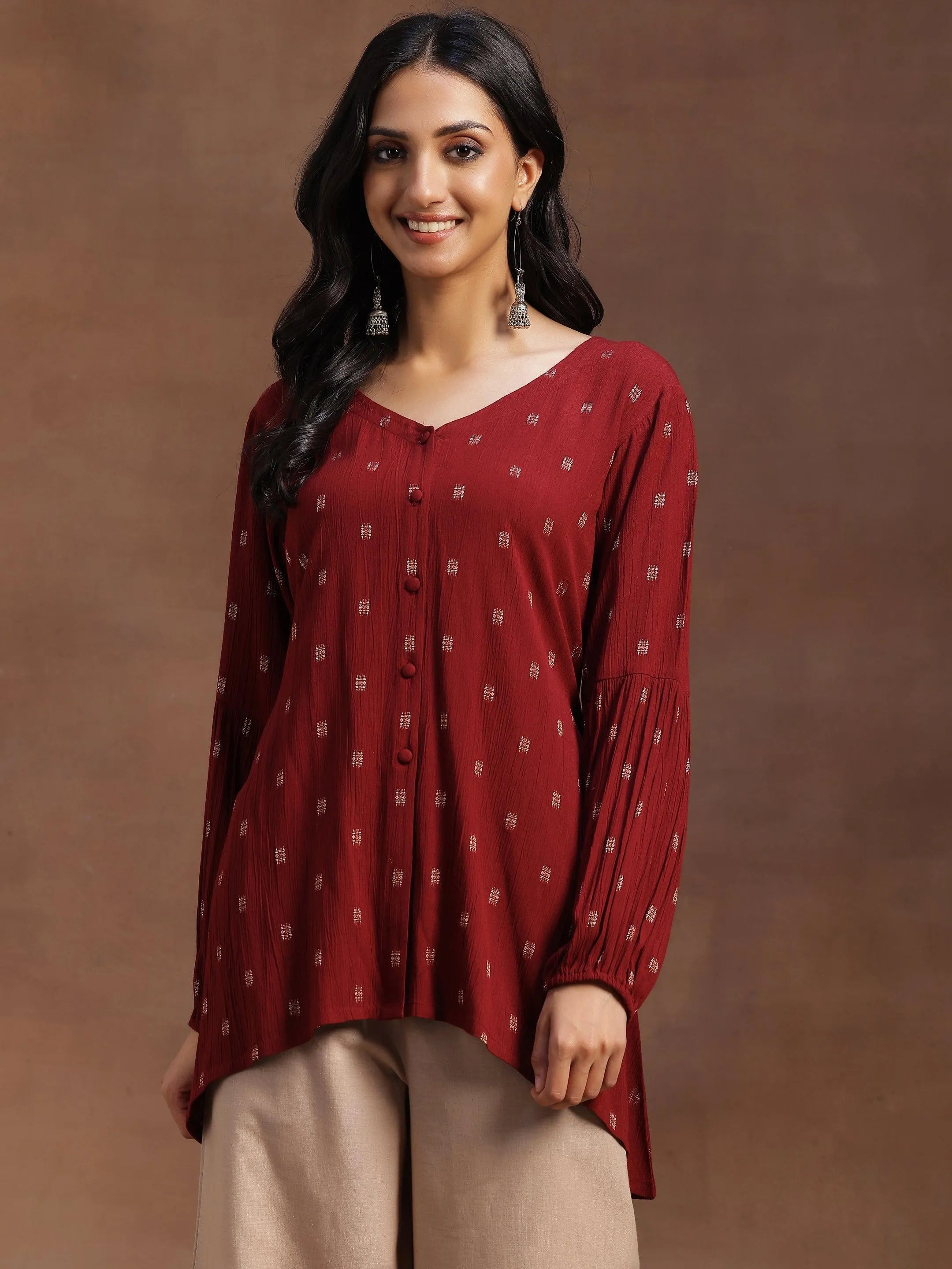 Maroon Woven Design Viscose Rayon A-line Kurti