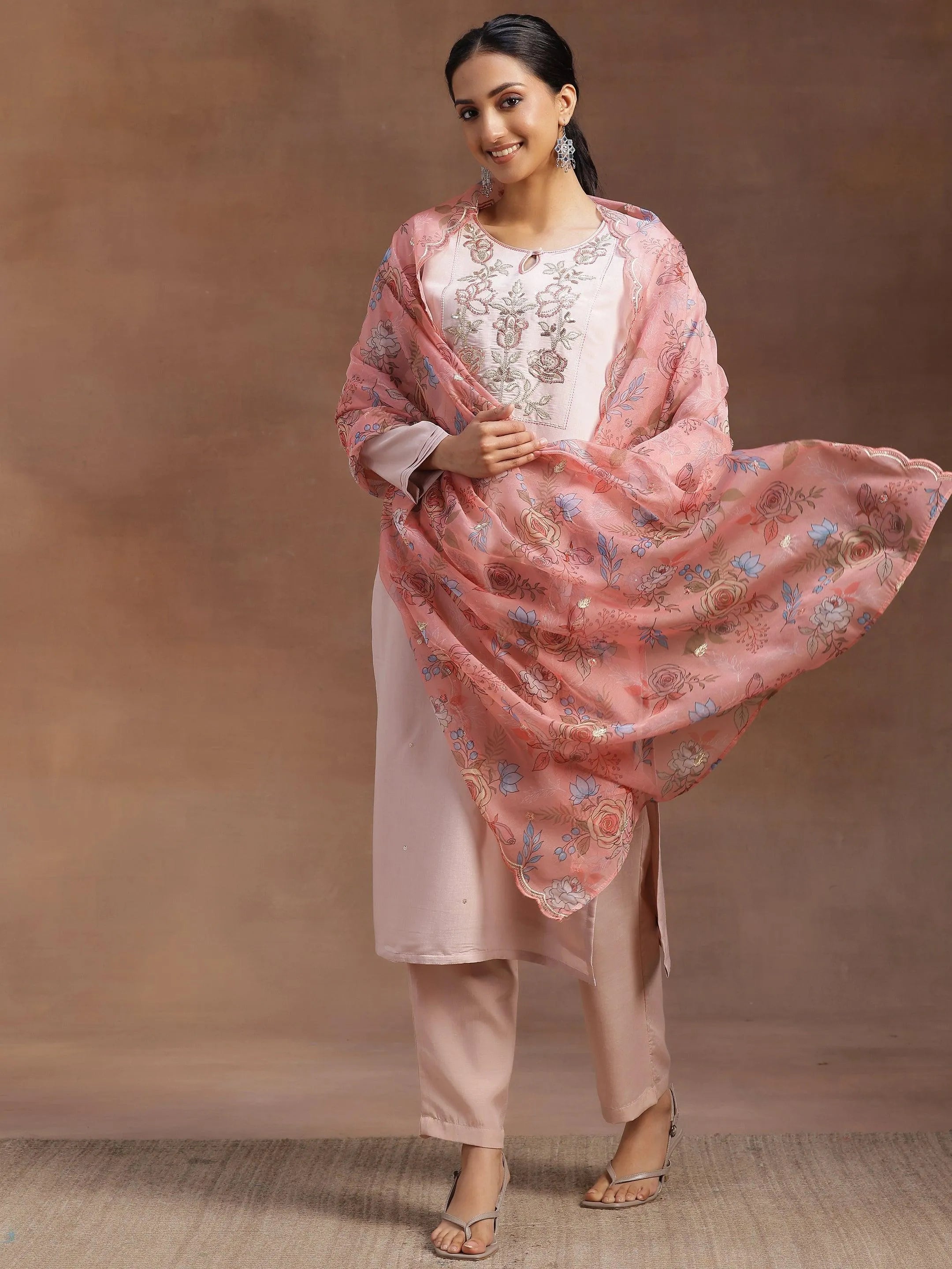 Peach Yoke Design Silk Blend Straight Suit With Dupatta