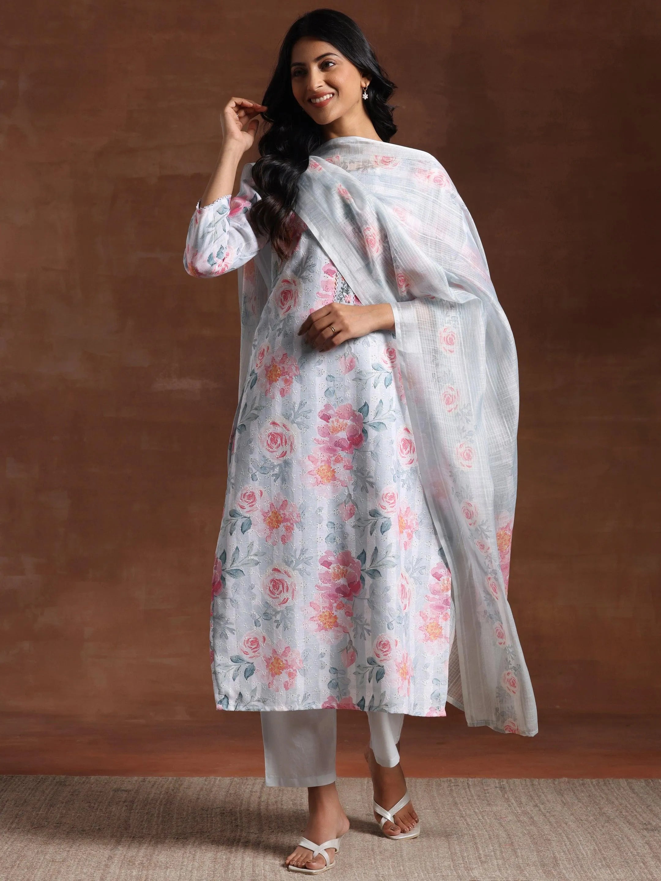 Grey Printed Cotton Blend Straight Suit With Dupatta