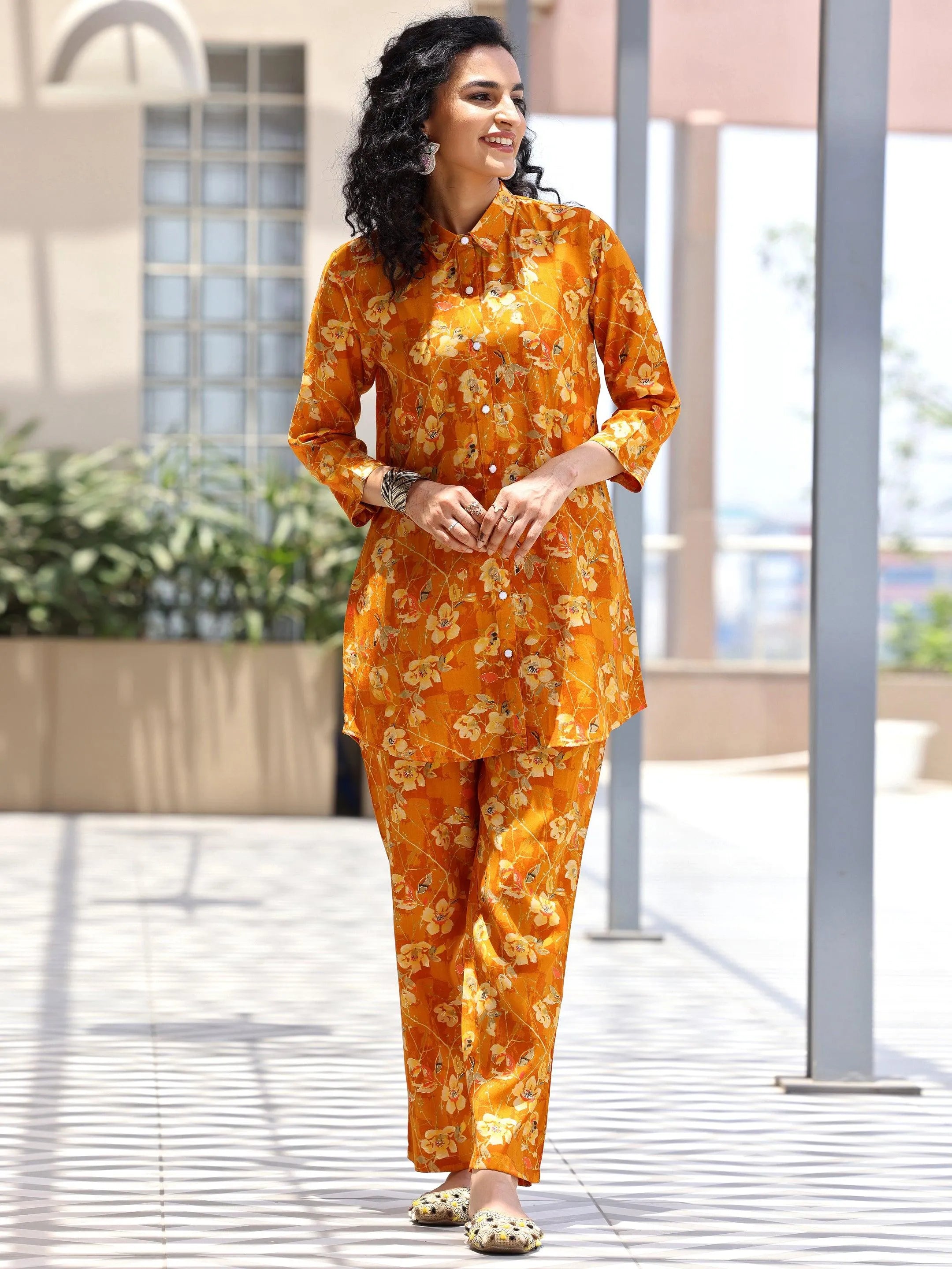 Mustard Printed Silk Blend Co-Ords