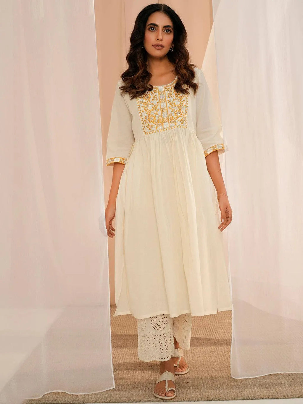 Off White Yoke Design Cotton A-Line Kurta - Libas