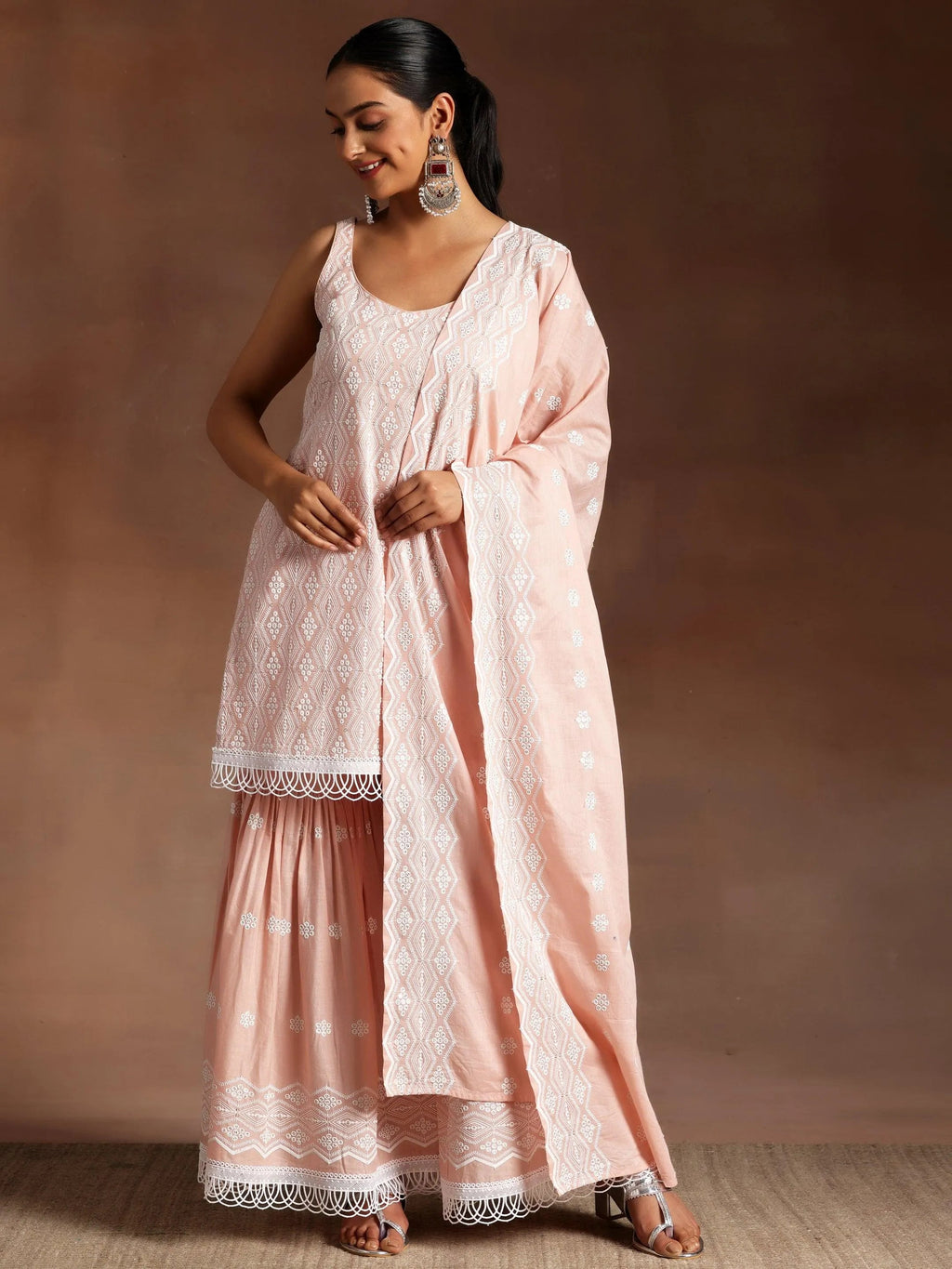 Peach Embroidered Cotton Straight Suit With Dupatta