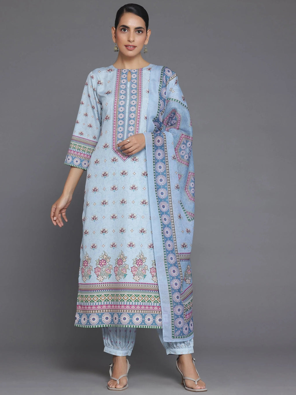 Blue Printed Poly Crepe Straight Suit With Dupatta