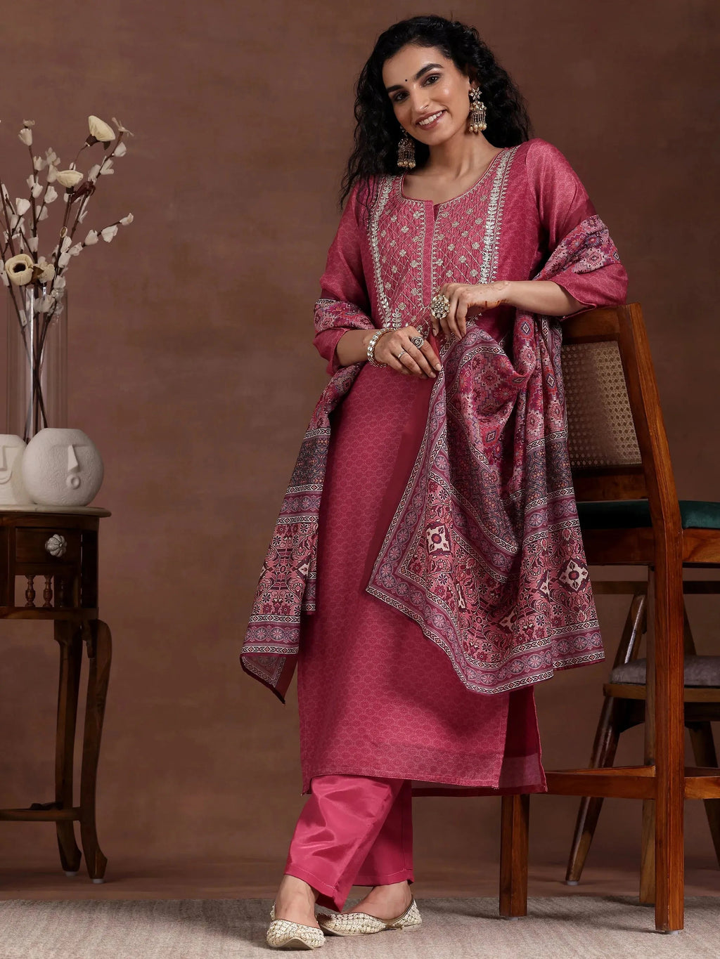 Pink Printed Silk Blend Straight Suit With Dupatta