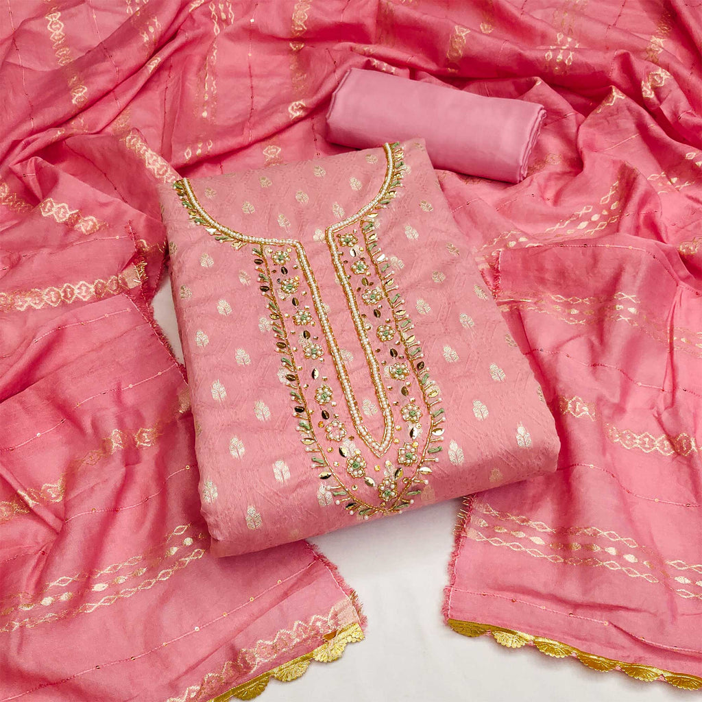 Pink Woven With Handwork Jacquard Dress Material