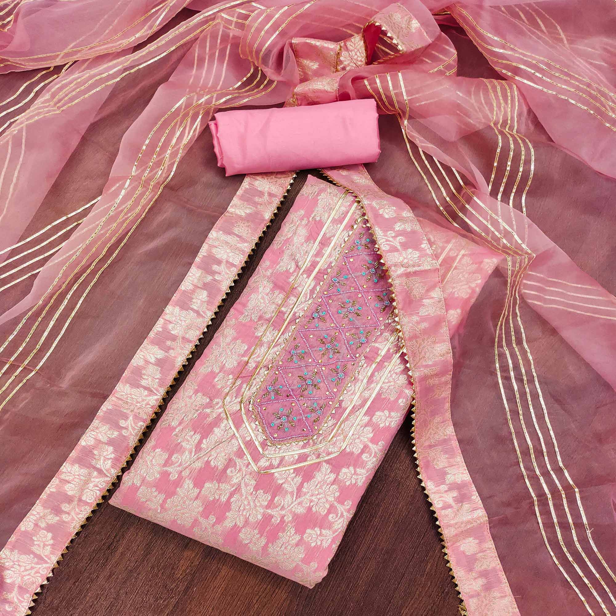 Pink Woven With Handwork Jacquard Dress Material