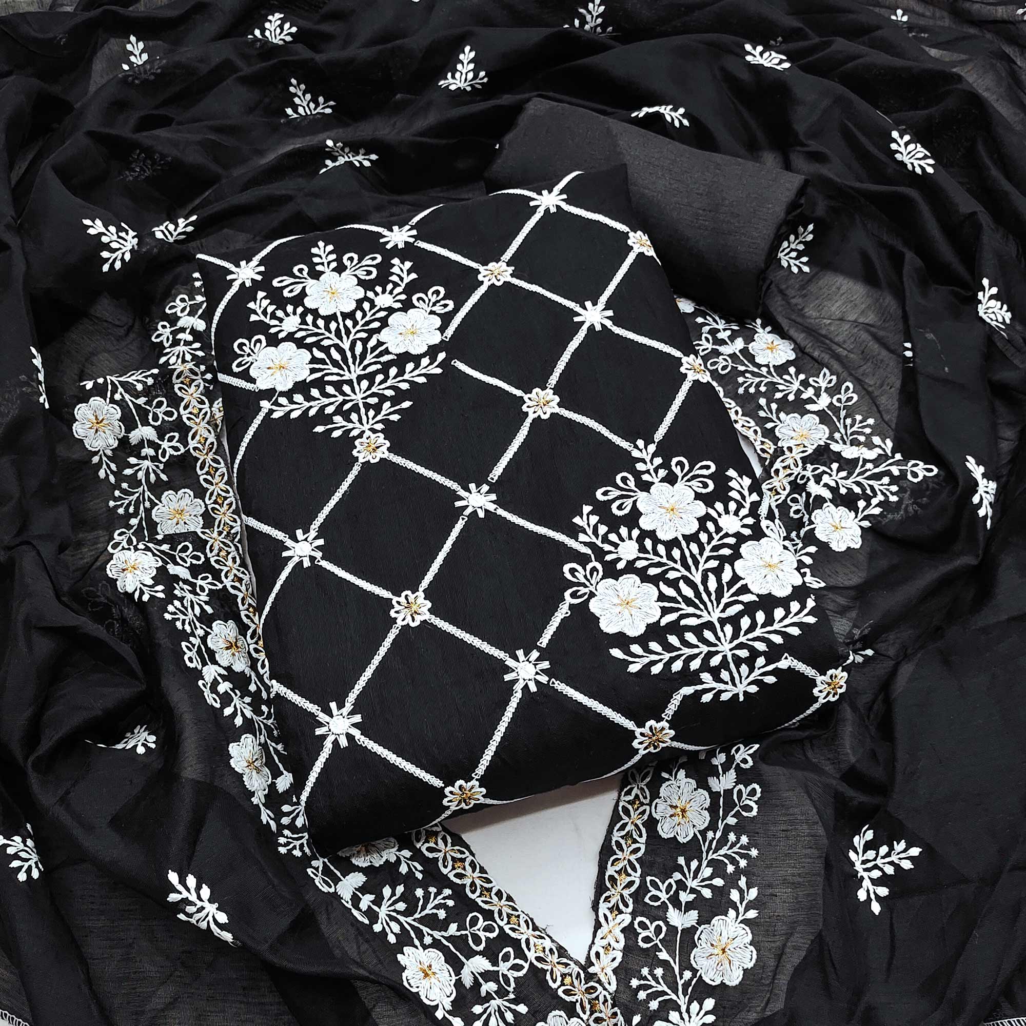 Black Floral Embroidered Chanderi Cotton Dress Material