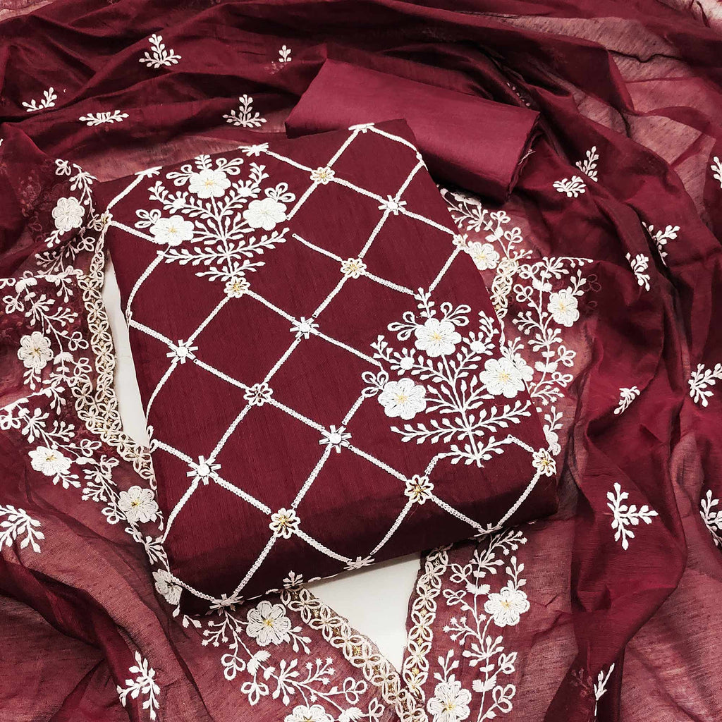 Maroon Floral Embroidered Chanderi Cotton Dress Material