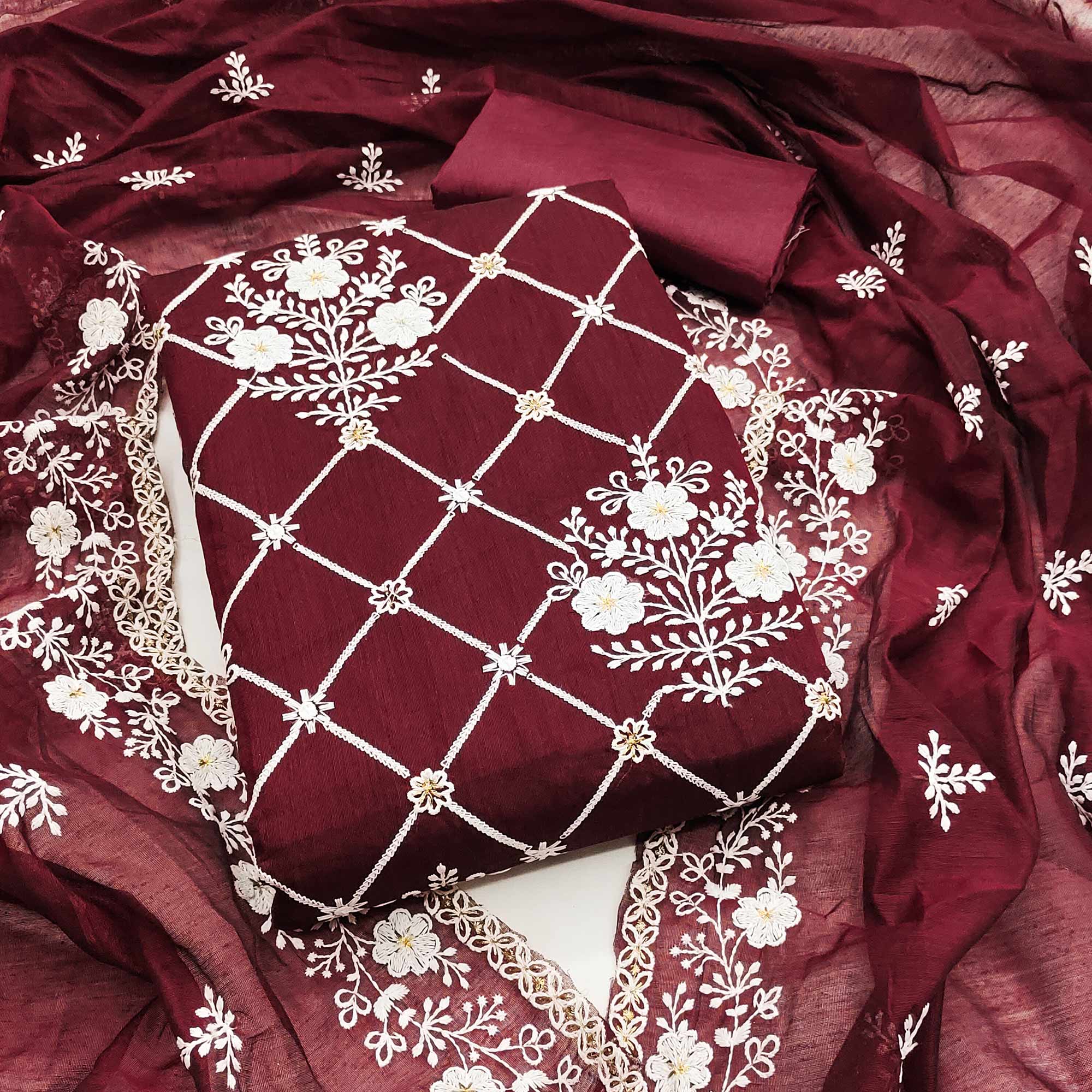 Maroon Floral Embroidered Chanderi Cotton Dress Material