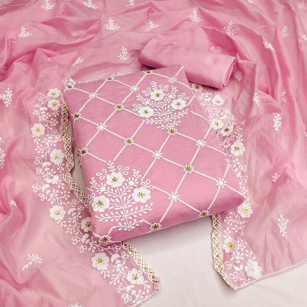 Pink Floral Embroidered Chanderi Cotton Dress Material