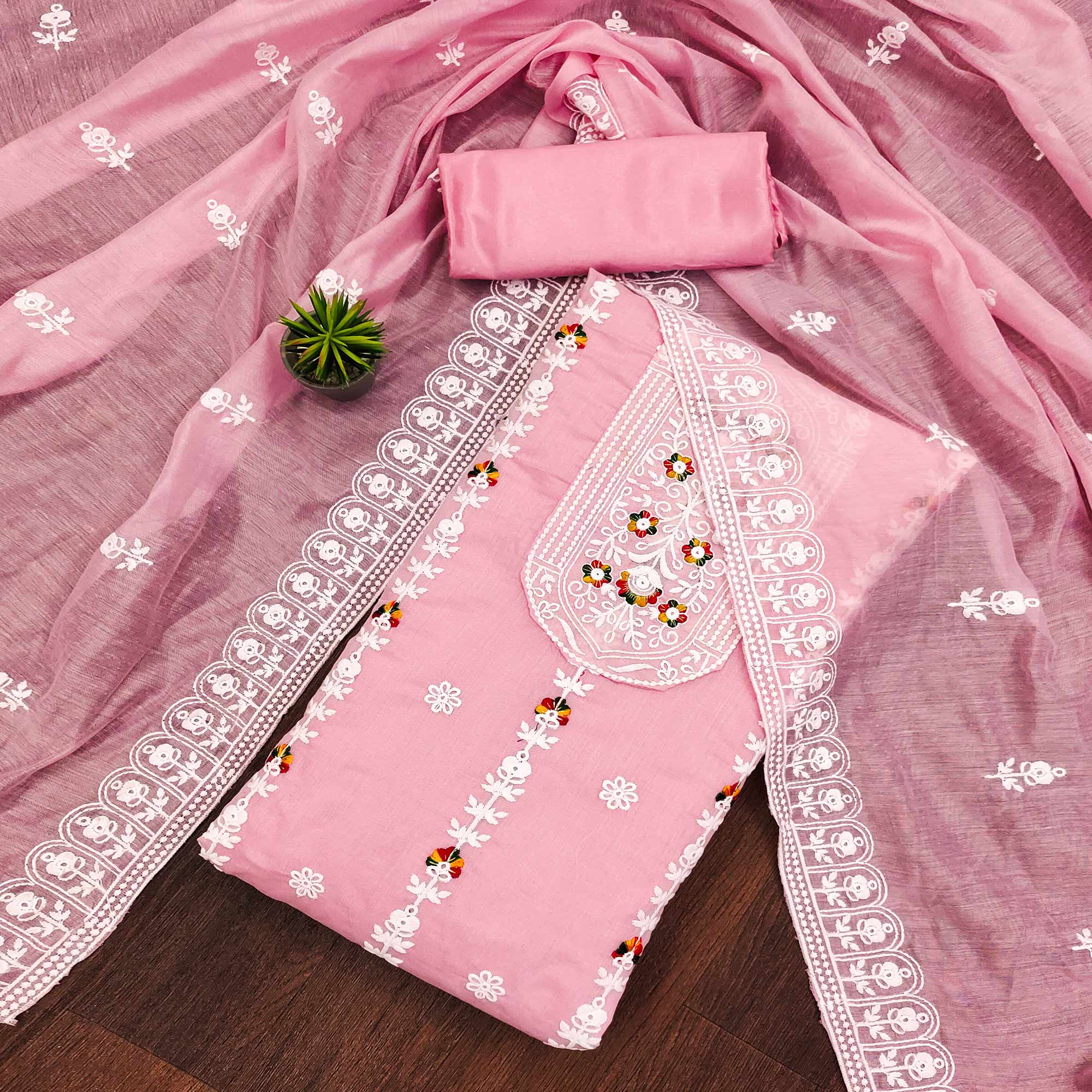 Baby Pink Floral Embroidered Chanderi Cotton Dress Material