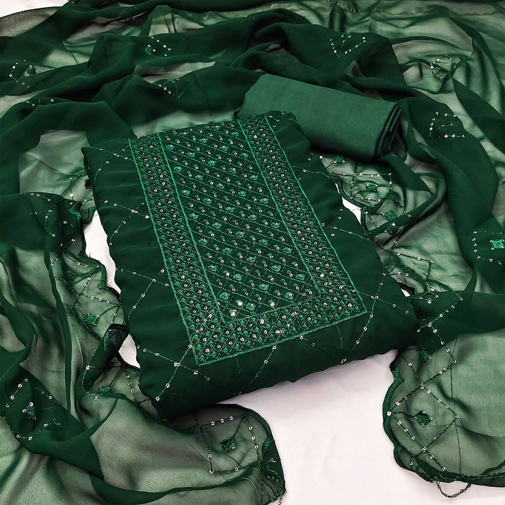 Green Georgette Dress Material Featuring Delicate Thread Embroidery & Sequin Accent