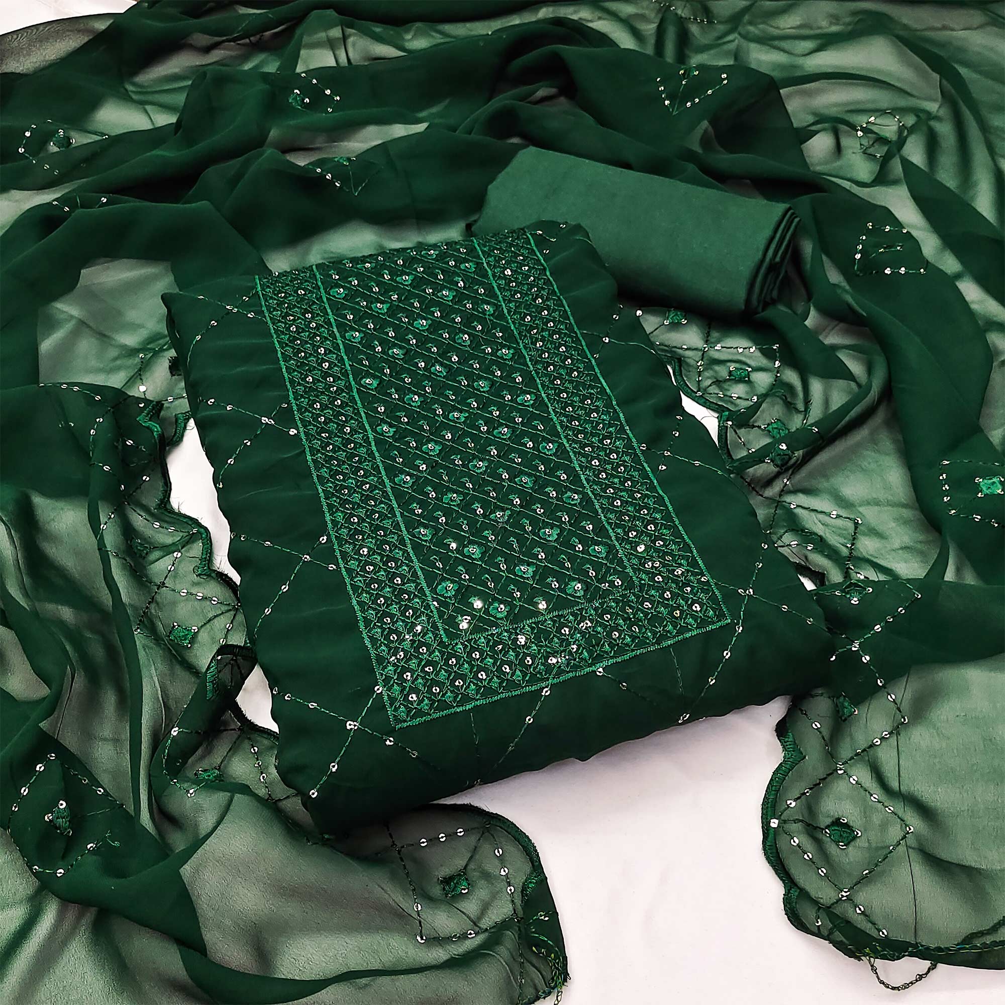 Green Georgette Dress Material Featuring Delicate Thread Embroidery & Sequin Accent