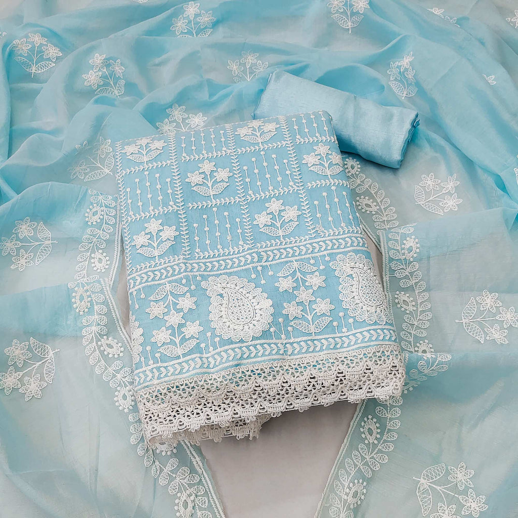 Blue Floral Embroidered Chanderi Cotton Dress Material