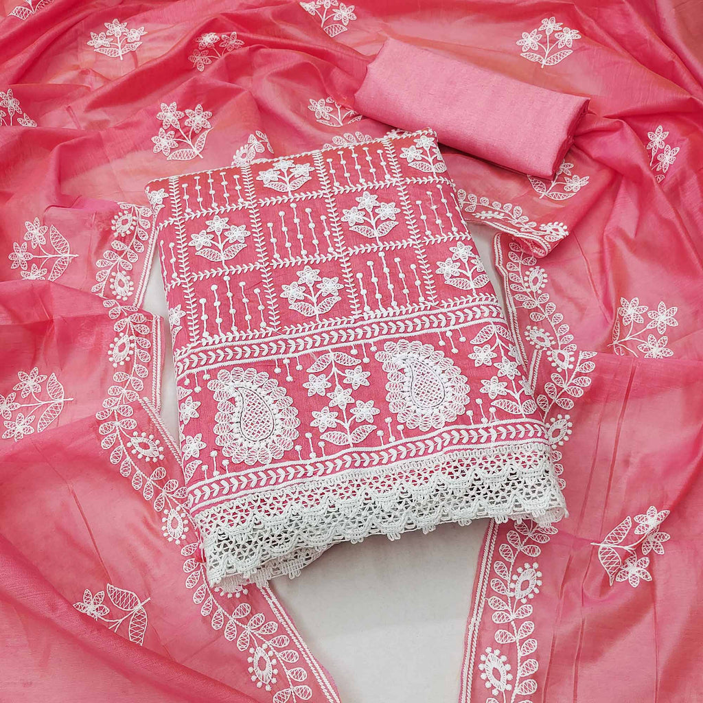 Gajari Pink Floral Embroidered Chanderi Cotton Dress Material