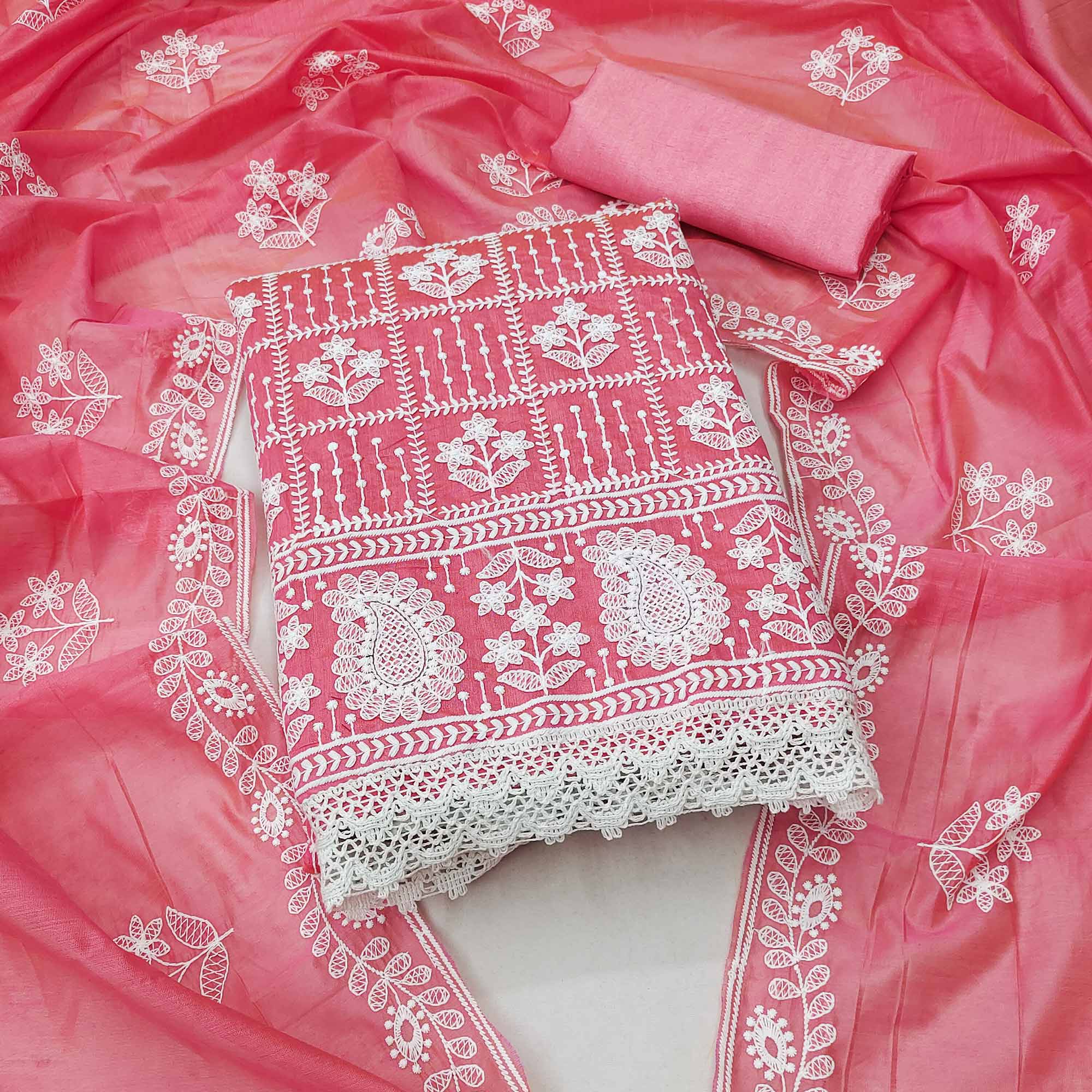 Gajari Pink Floral Embroidered Chanderi Cotton Dress Material