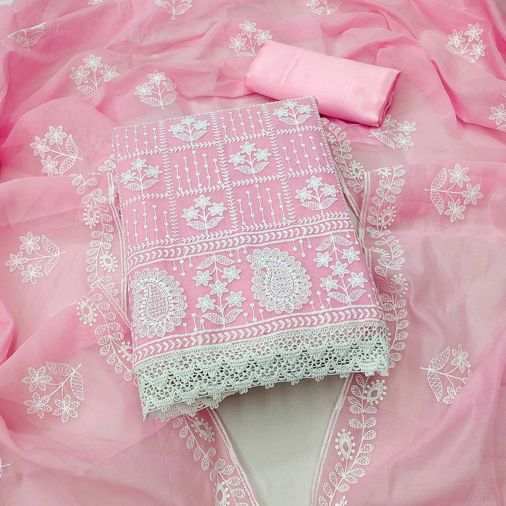 Light Pink Floral Embroidered Chanderi Cotton Dress Material