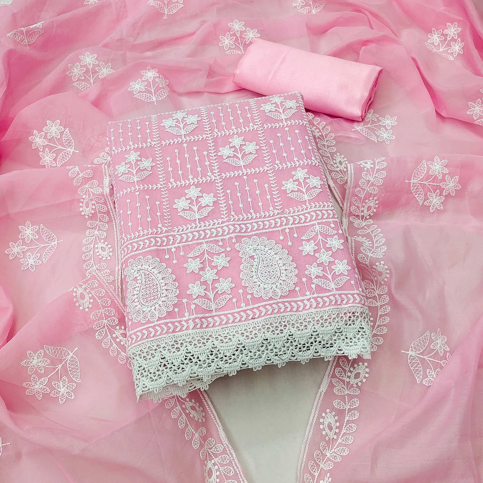 Light Pink Floral Embroidered Chanderi Cotton Dress Material