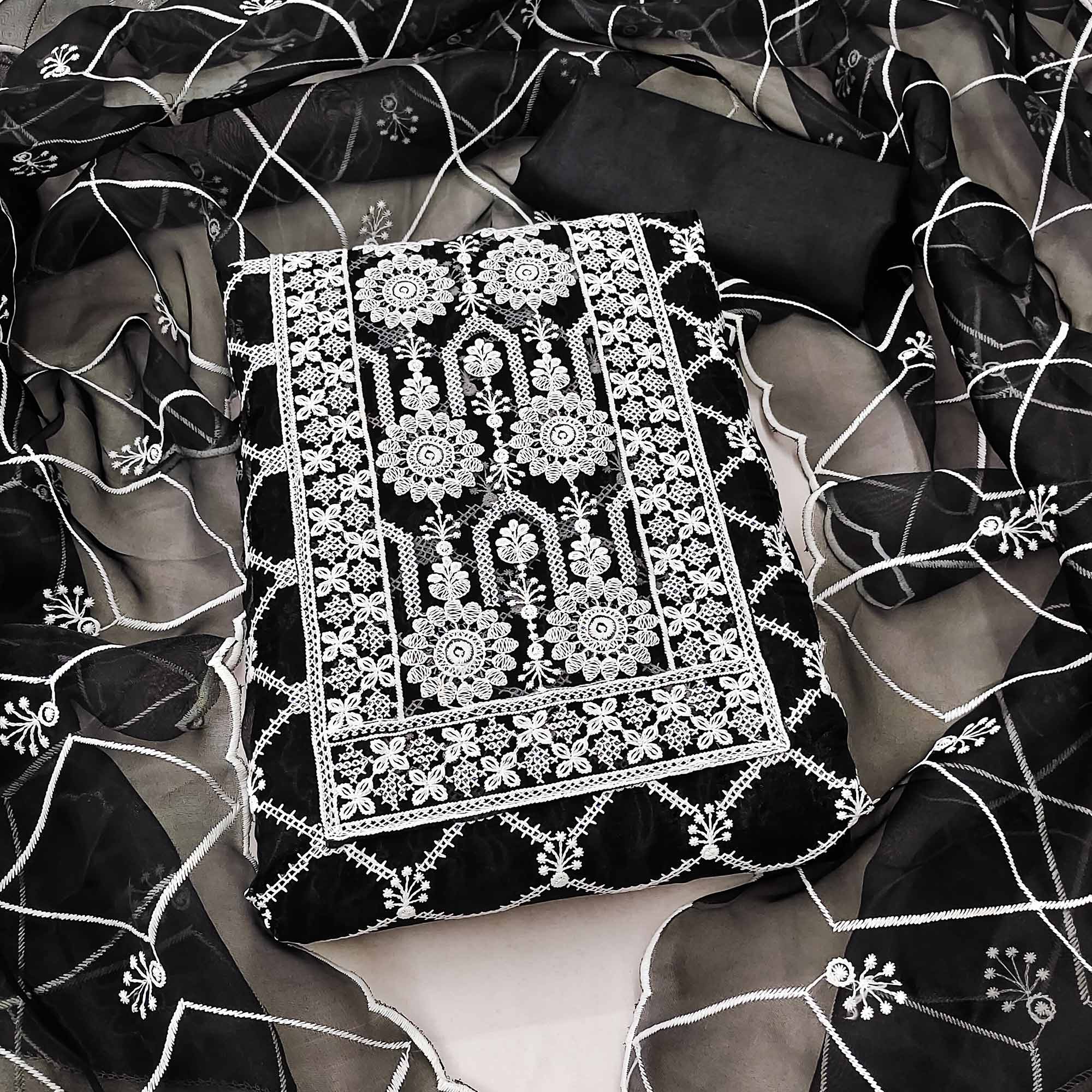 Black Floral Embroidered Organza Dress Material