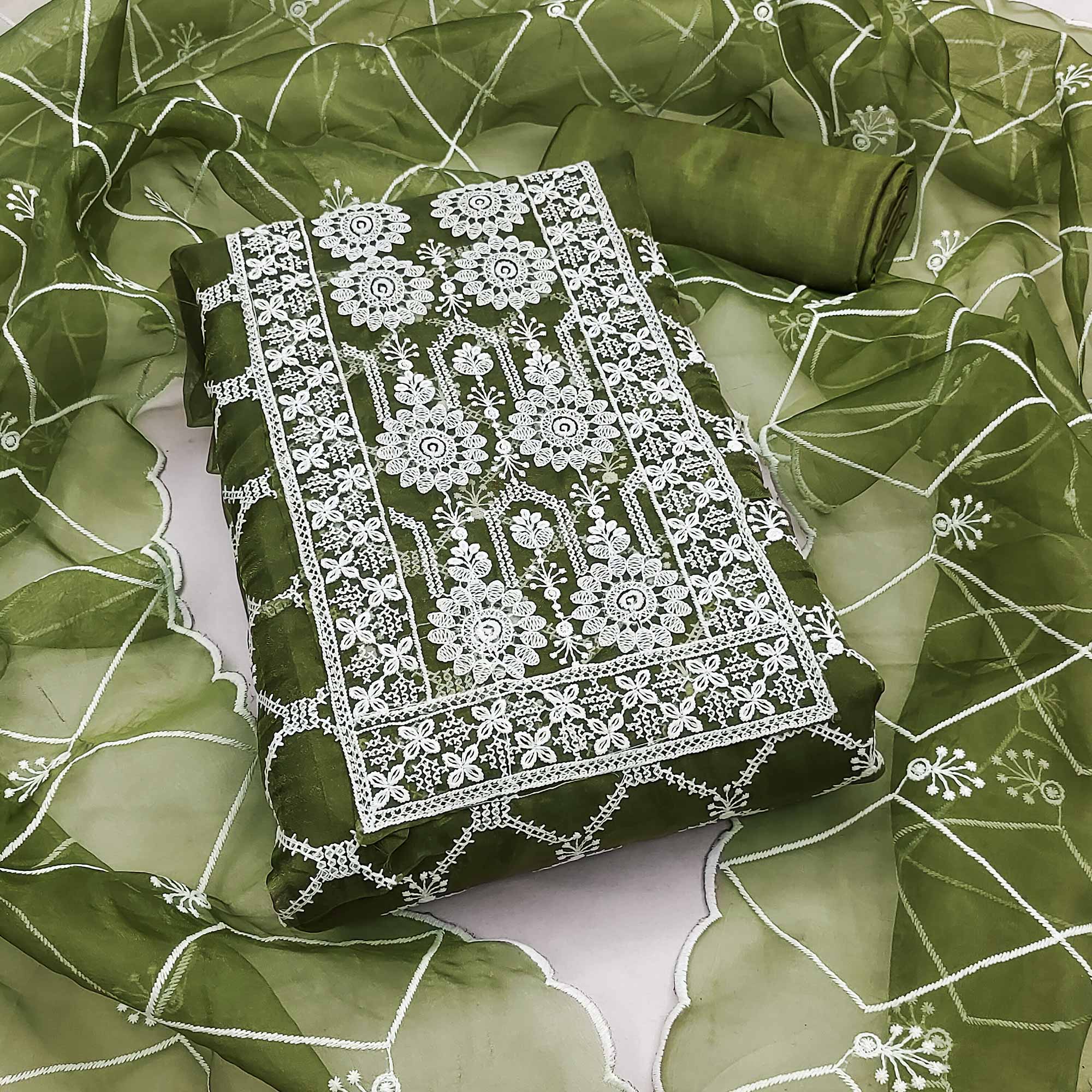 Green Sheer Organza Suit Material with Floral Embroidery Detailing