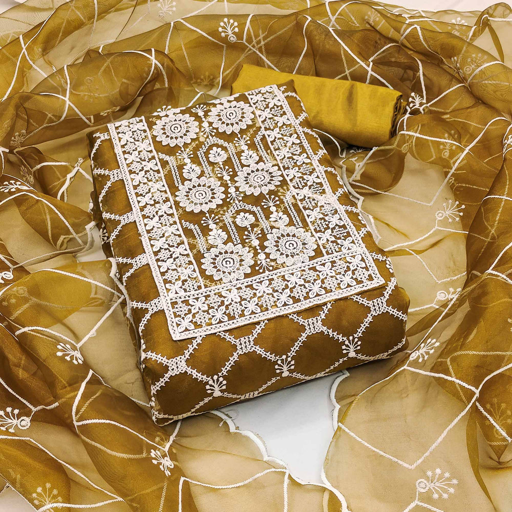 Mustard Sheer Organza Suit Material with Floral Embroidery Detailing