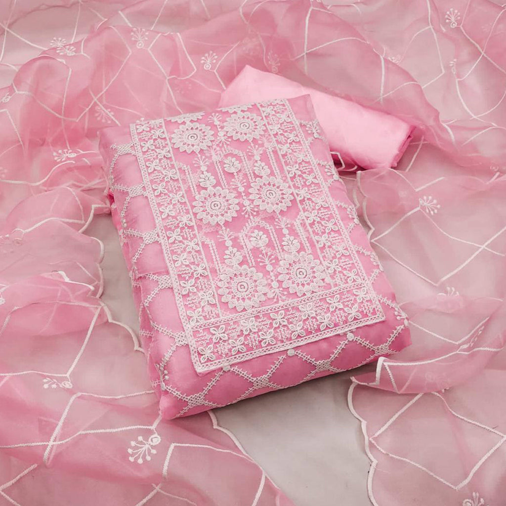 Pink Floral Embroidered Organza Dress Material