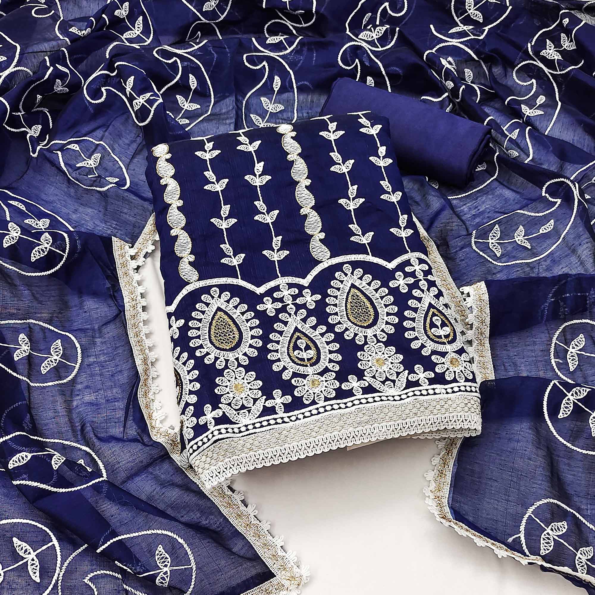 Blue Floral Embroidered Chanderi Cotton Dress Material