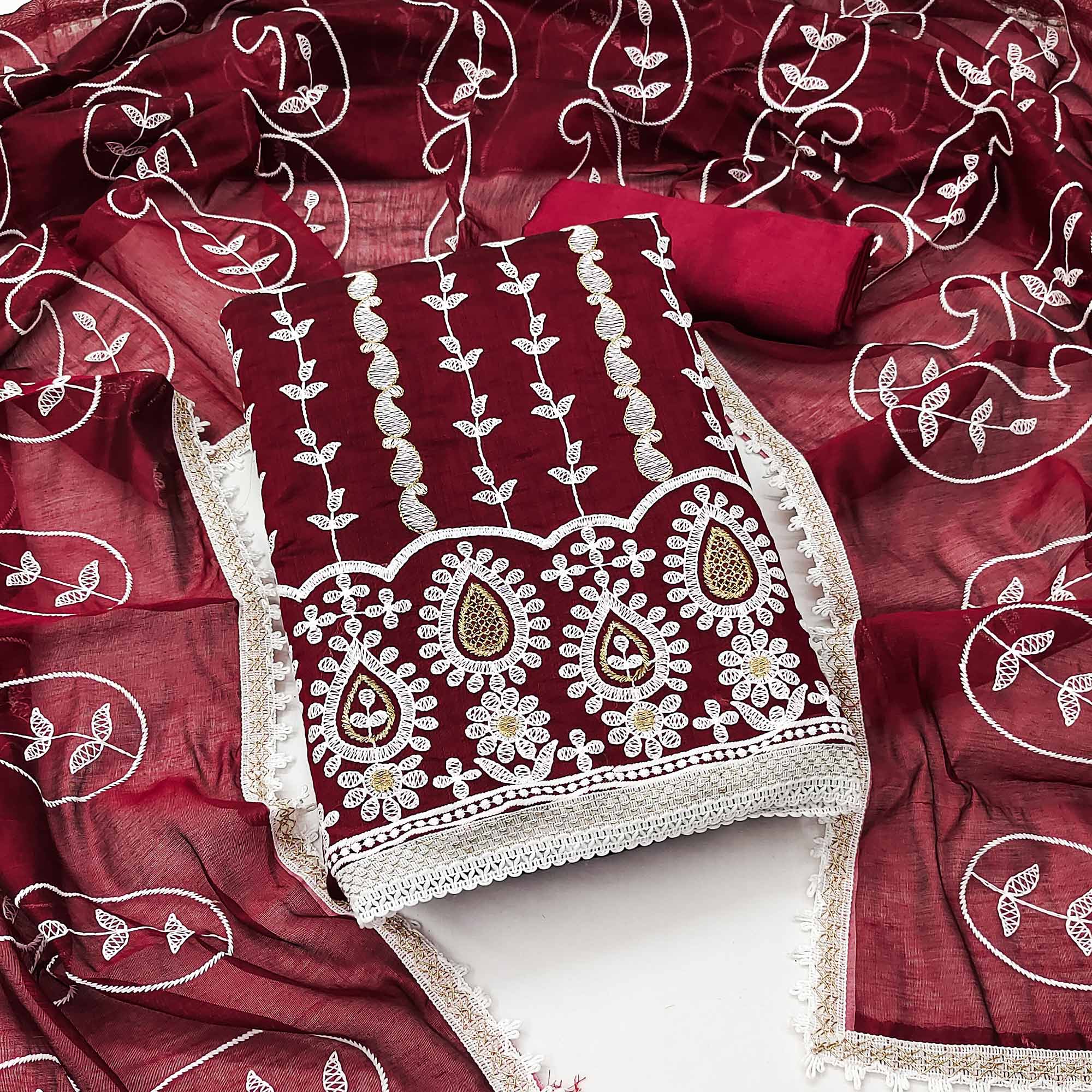 Maroon Floral Embroidered Chanderi Cotton Dress Material