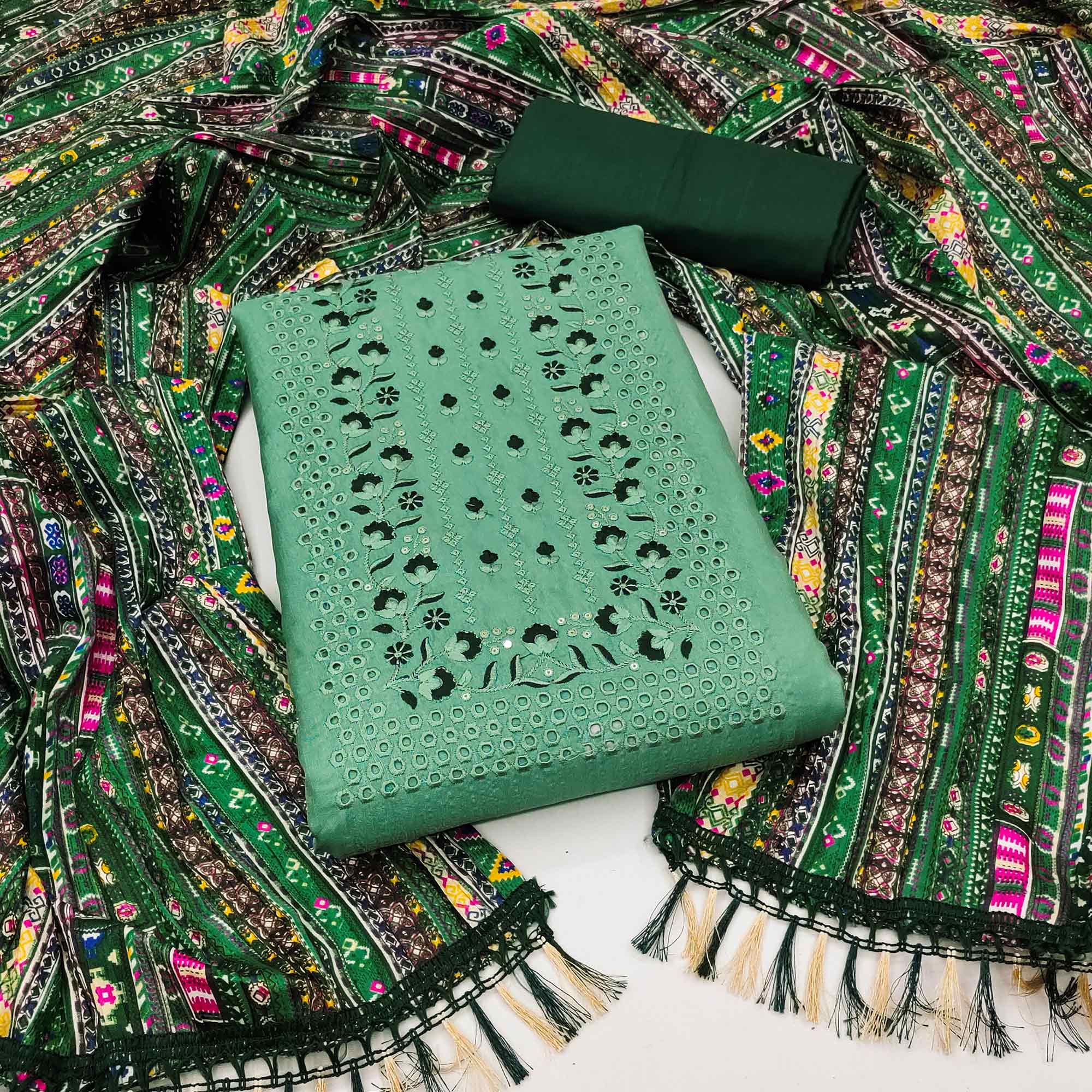 Green Floral Sequins Embroidered Cotton Silk Dress Material