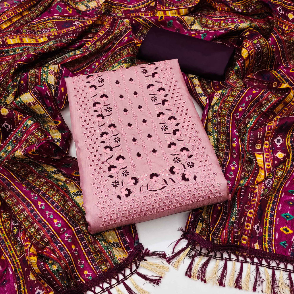 Pink Floral Sequins Embroidered Cotton Silk Dress Material