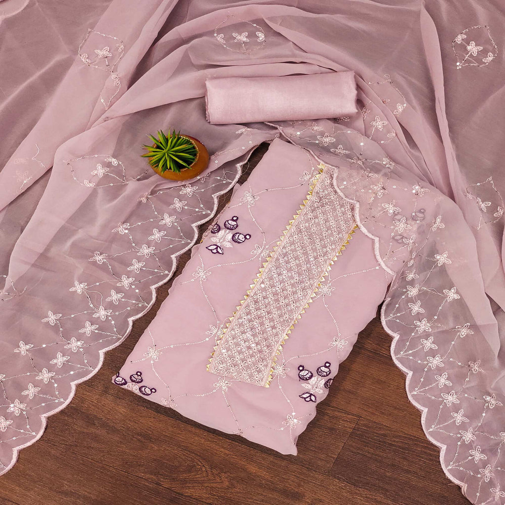 Pink Floral Sequins Embroidered Georgette Dress Material