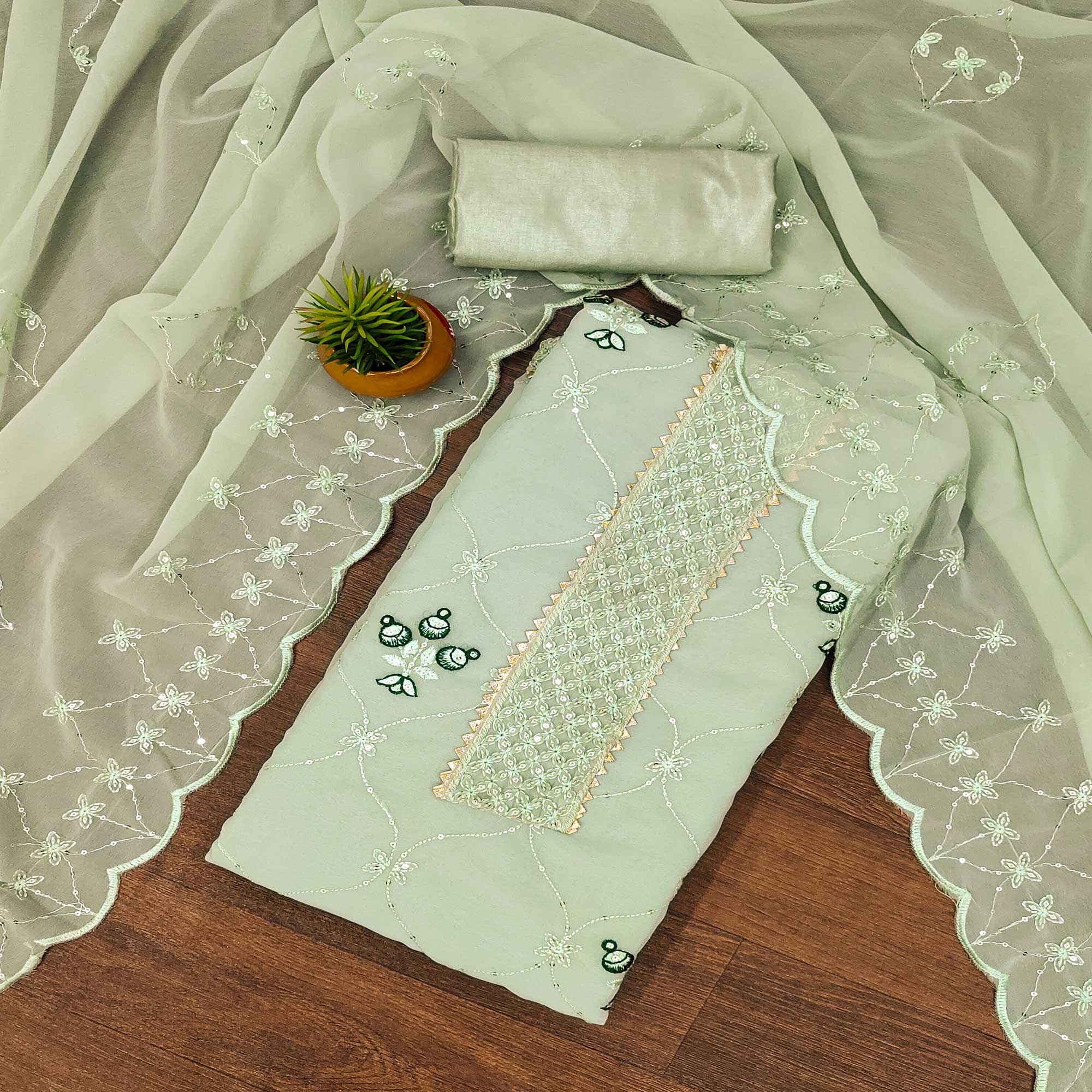 Pista Green Floral Sequins Embroidered Georgette Dress Material