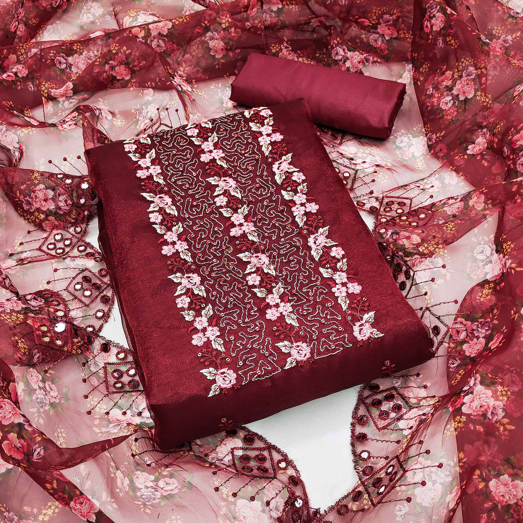 Maroon Organza Dress Material With Glimmering Floral Sequins Embroidery