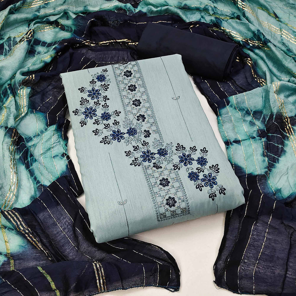 Bluish Grey Cotton Blend Dress Material With Delicate Floral Thread & Sequin Embellishments