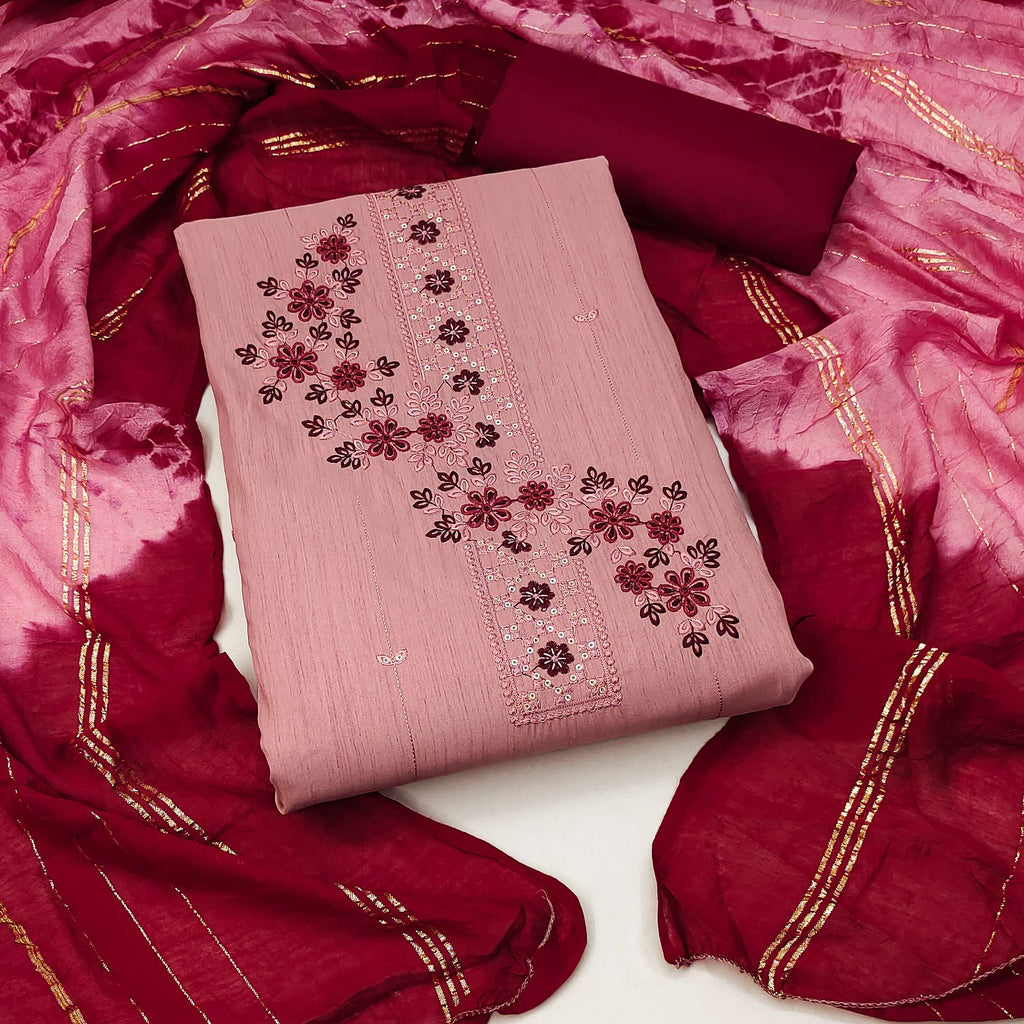 Blush Pink Cotton Blend Dress Material With Delicate Floral Thread & Sequin Embellishments