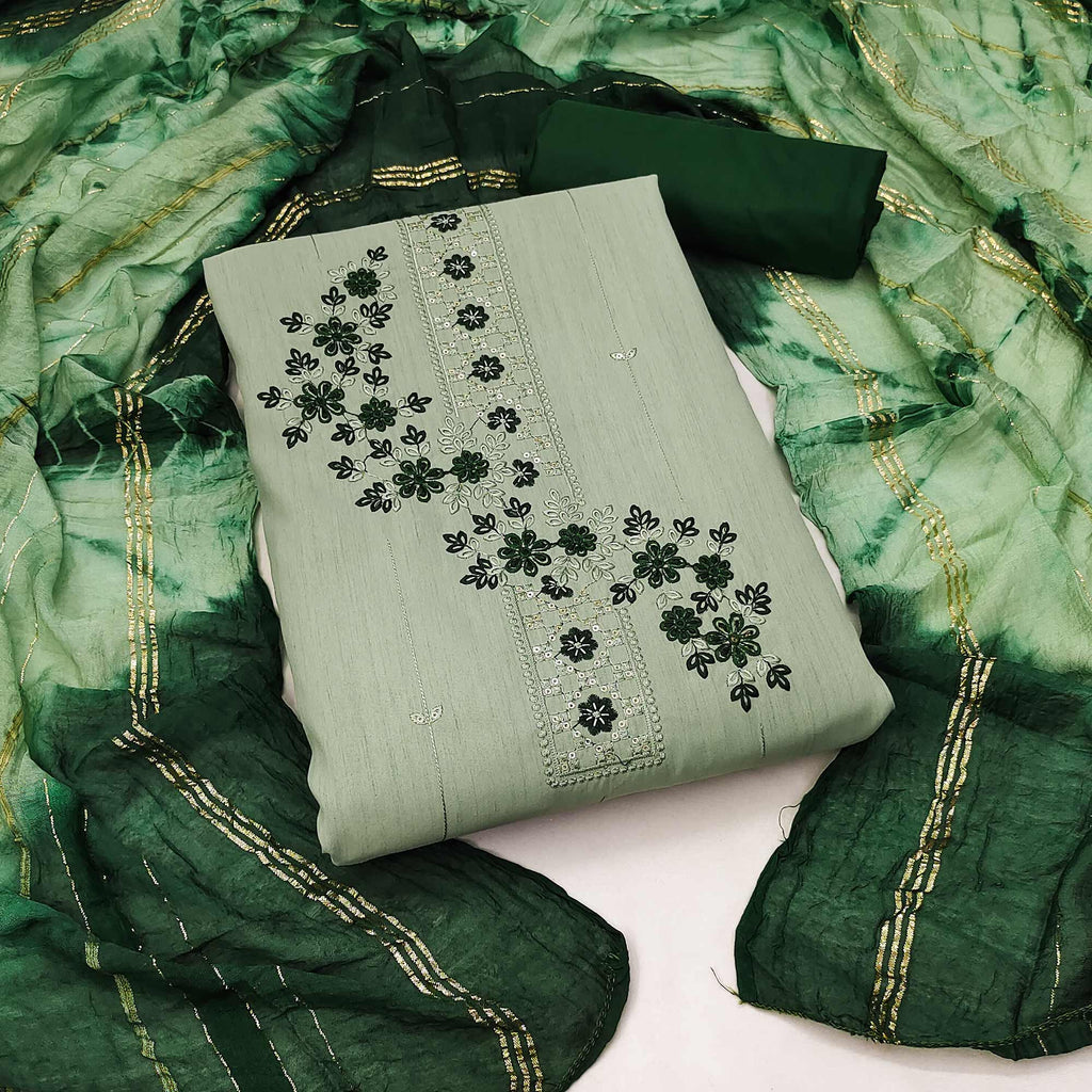 Green Cotton Blend Dress Material With Delicate Floral Thread & Sequin Embellishments