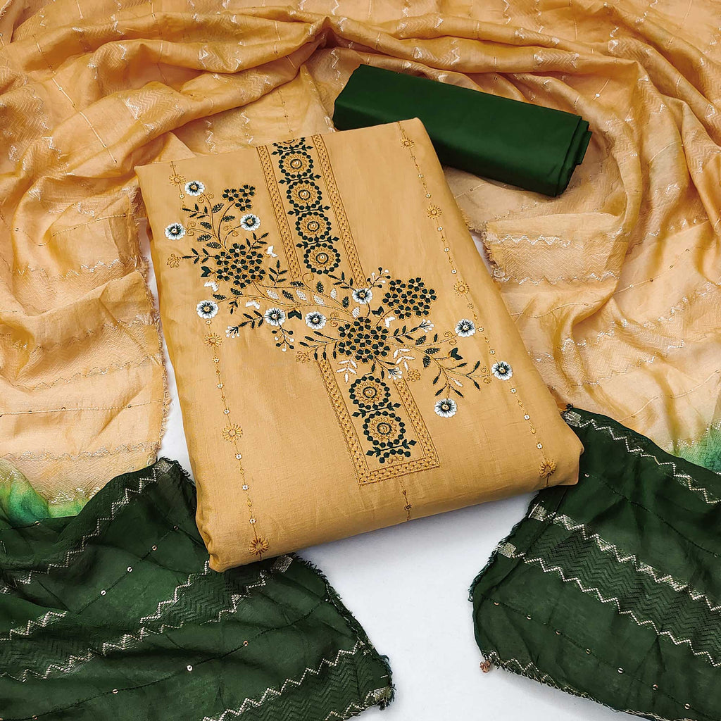 Chikoo Charm Cotton Blend Dress Material With Threaded Florals And Sparkling Sequins