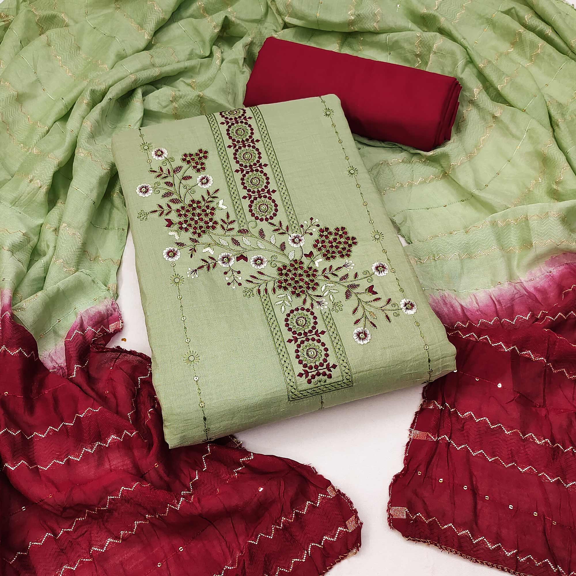 Graceful Green Cotton Blend Dress Material With Embroidered Florals And Sequin Accents