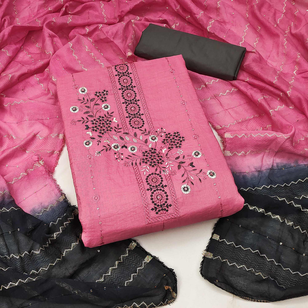 Pink Blossom Cotton Blend Dress Material With Thread Work And Sparkling Sequins