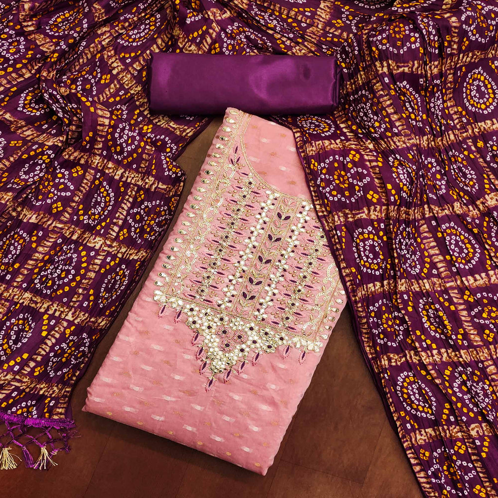 Pink Woven With Gota Work Jacquard Dress Material