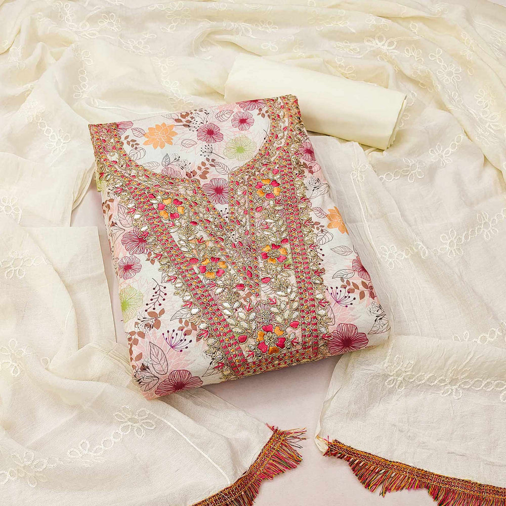 Cream Dress Material With Floral Digital Print & Subtle Sequins Embroidery Work