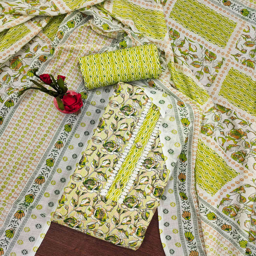 Green Floral Printed Cotton Blend Dress Material