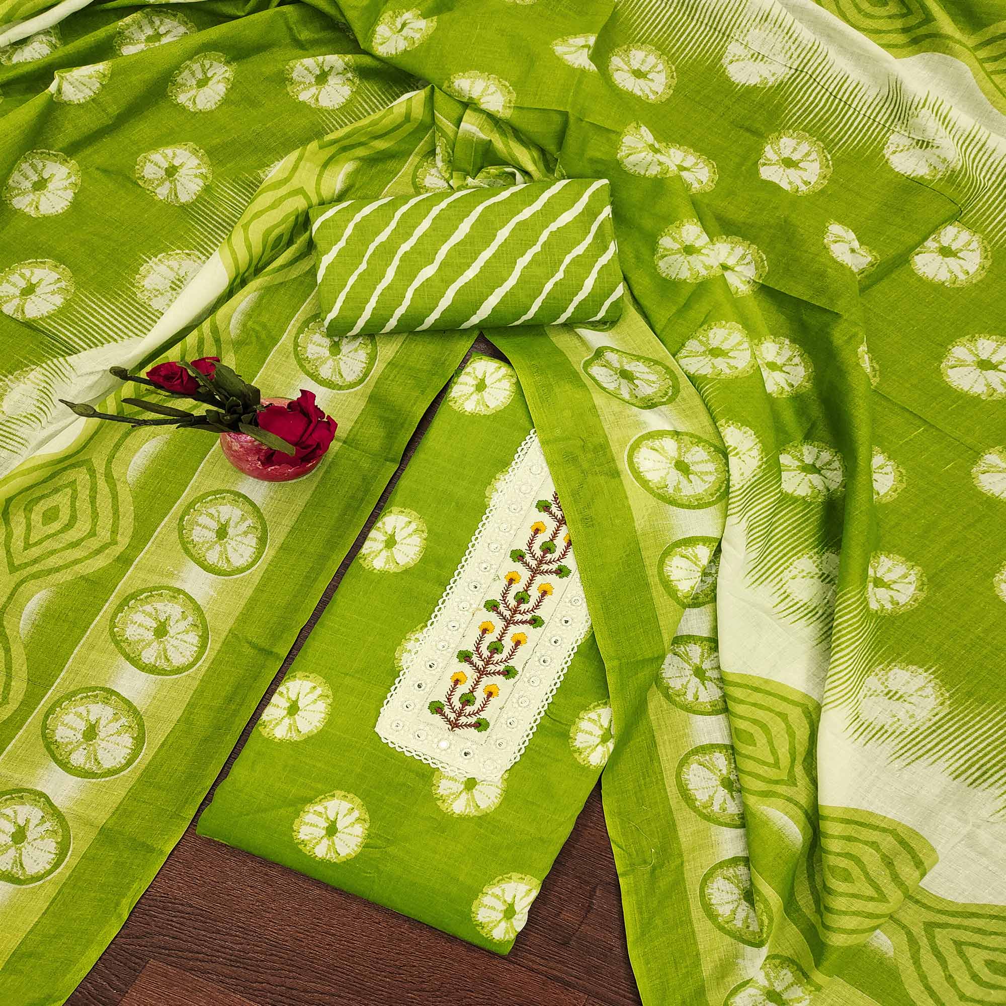 Green Printed With Embroidered Cotton Blend Dress Material
