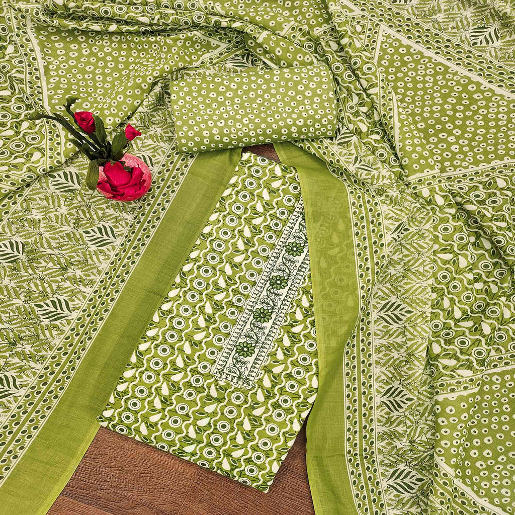 Green Printed With Embroidered Cotton Blend Dress Material