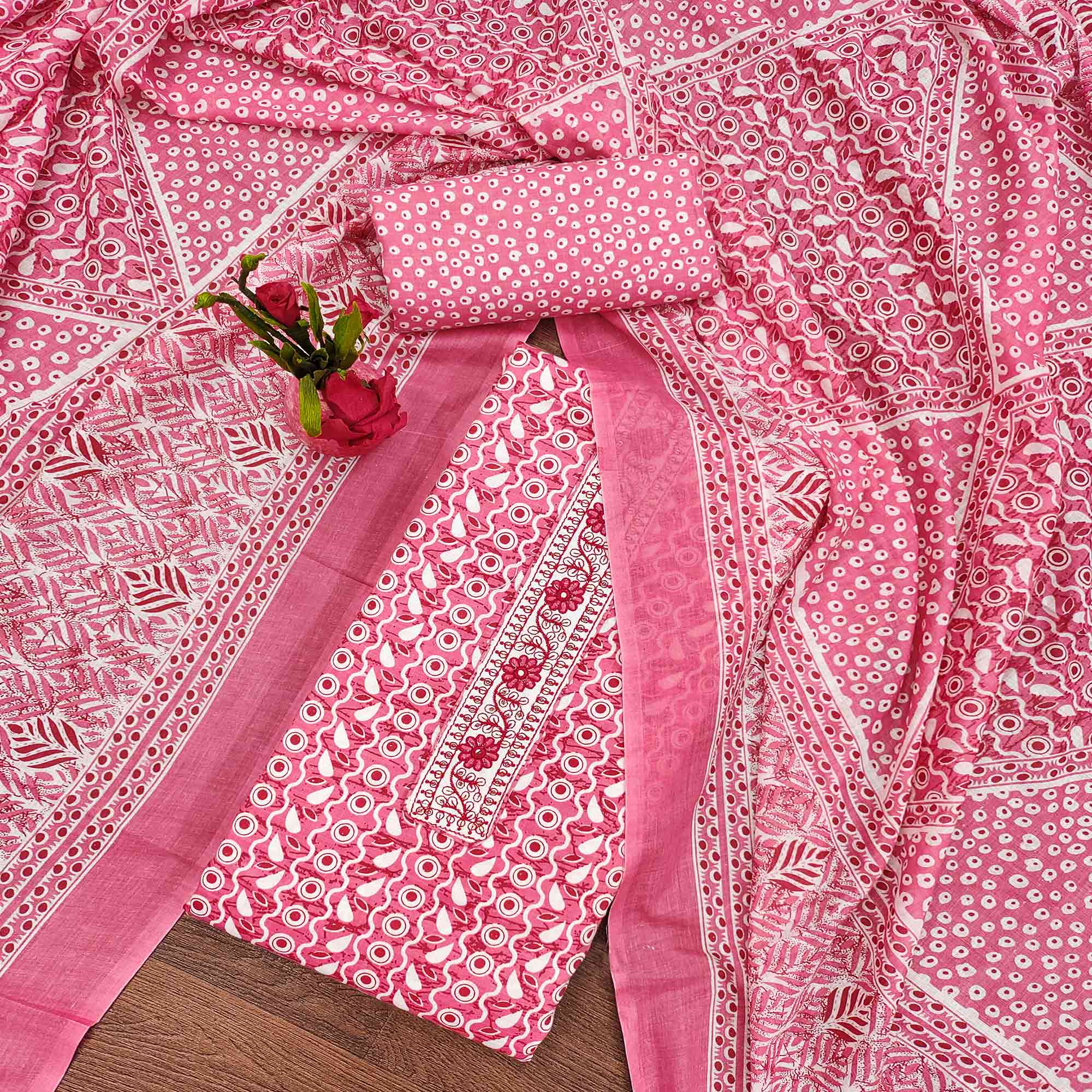 Pink Printed With Embroidered Cotton Blend Dress Material