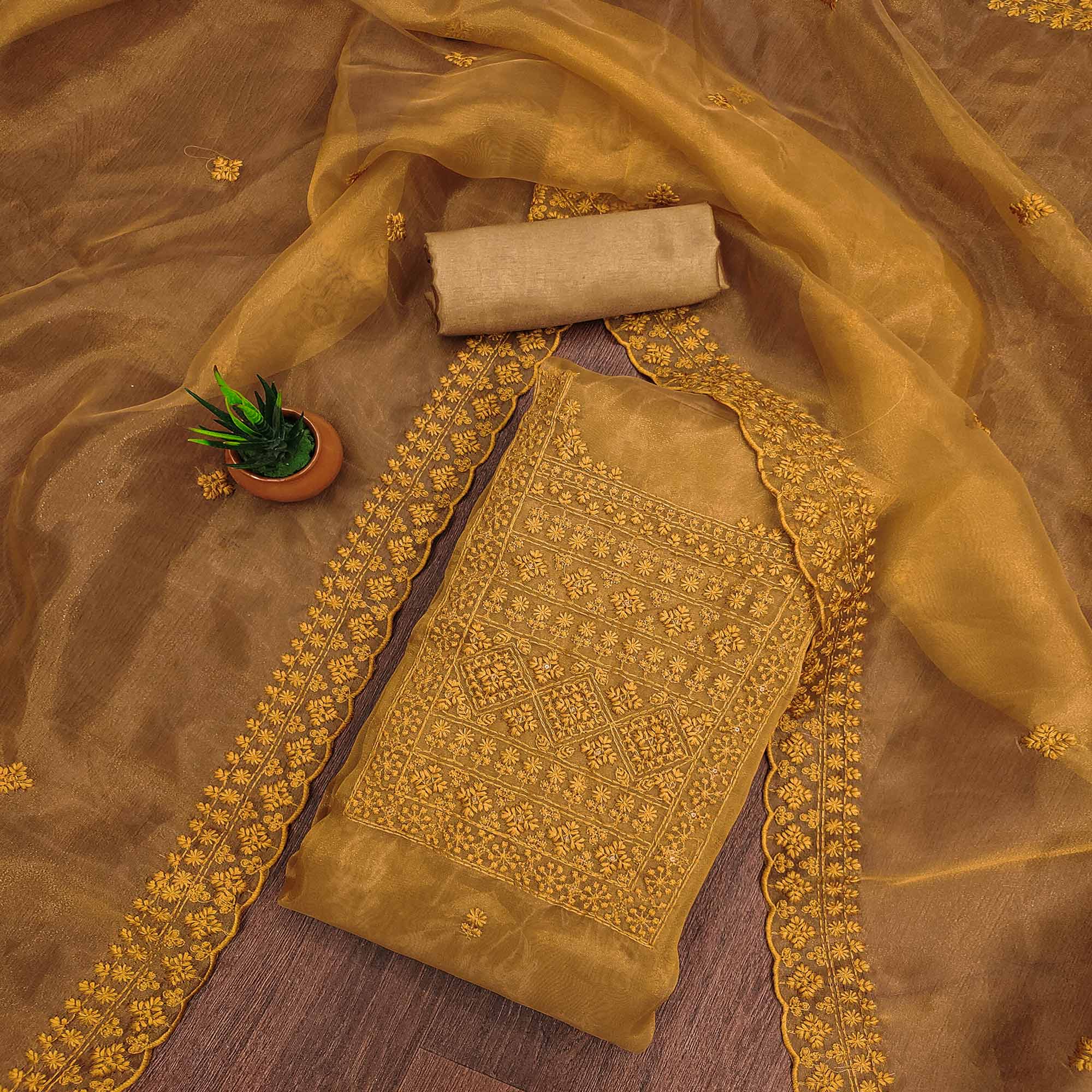 Dark Mustard Organza Dress Material With Sequins & Floral Thread Embroidery